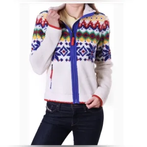 Polo Ralph Lauren Cream Blue Pink Fair Isle Sherpa Fleece Zip Front Jacket Large