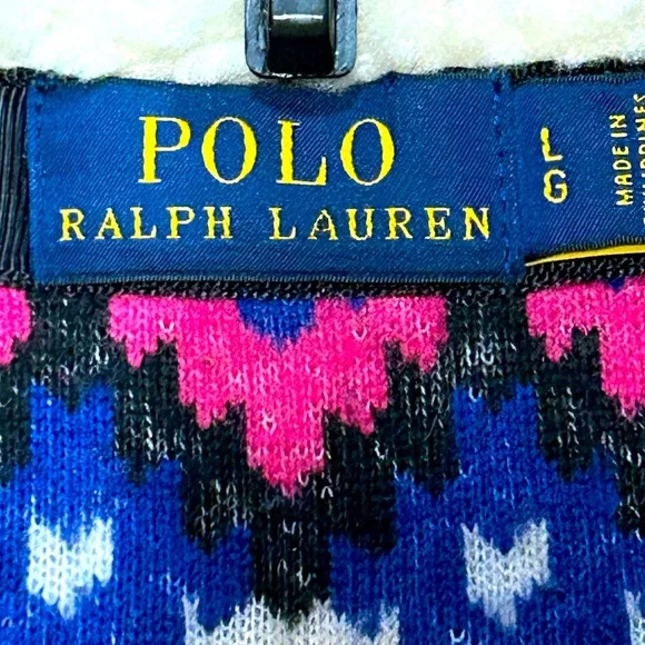 Polo Ralph Lauren Cream Blue Pink Fair Isle Sherpa Fleece Zip Front Jacket Large