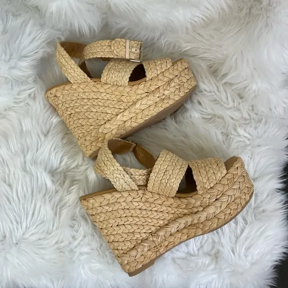 Polo Ralph Lauren Tan Ankle Strap Straw Wedge Sandals Size 9M