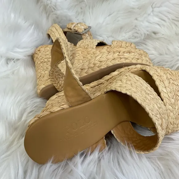 Polo Ralph Lauren Tan Ankle Strap Straw Wedge Sandals Size 9M