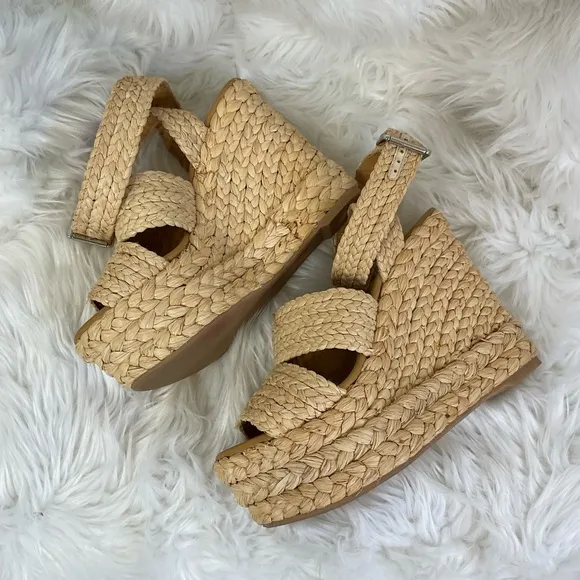 Polo Ralph Lauren Tan Ankle Strap Straw Wedge Sandals Size 9M