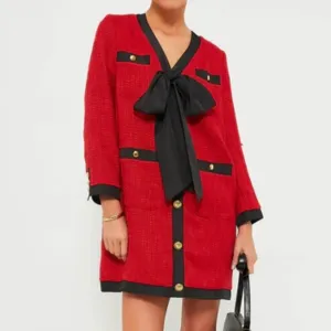 Pomander place red black coco tweed bow mini dress size large
