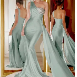 PORTIA &amp; SCARLETT Sage Olive Green One Shoulder Maxi Gown Dress Rhinestone Bust
