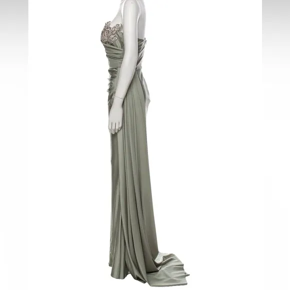 PORTIA &amp; SCARLETT Sage Olive Green One Shoulder Maxi Gown Dress Rhinestone Bust