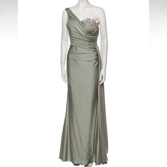 PORTIA &amp; SCARLETT Sage Olive Green One Shoulder Maxi Gown Dress Rhinestone Bust