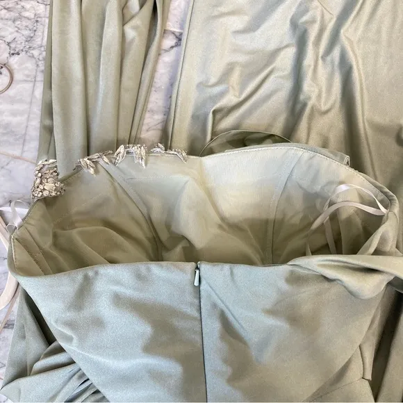 PORTIA &amp; SCARLETT Sage Olive Green One Shoulder Maxi Gown Dress Rhinestone Bust