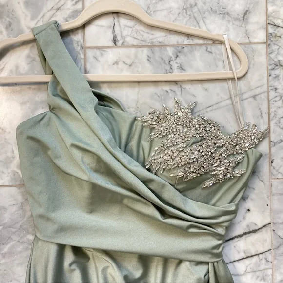PORTIA &amp; SCARLETT Sage Olive Green One Shoulder Maxi Gown Dress Rhinestone Bust