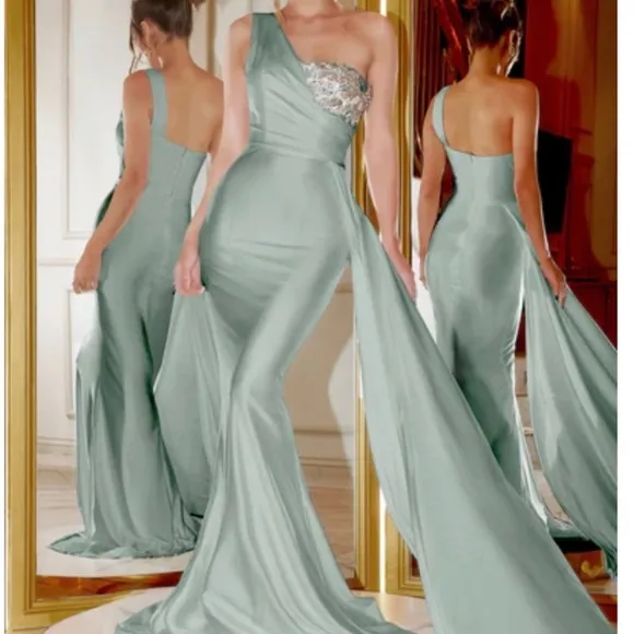 PORTIA &amp; SCARLETT Sage Olive Green One Shoulder Maxi Gown Dress Rhinestone Bust