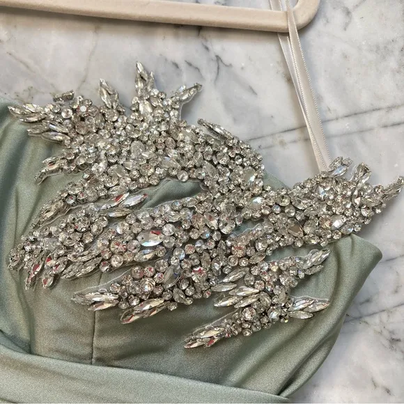 PORTIA &amp; SCARLETT Sage Olive Green One Shoulder Maxi Gown Dress Rhinestone Bust
