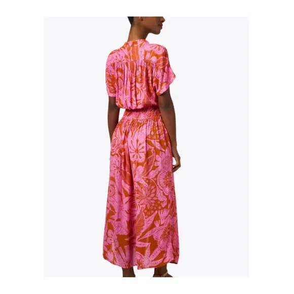 Poupette St. Barth Becky Pink Floral Midi Button V-Neck Smocked Vacation Dress