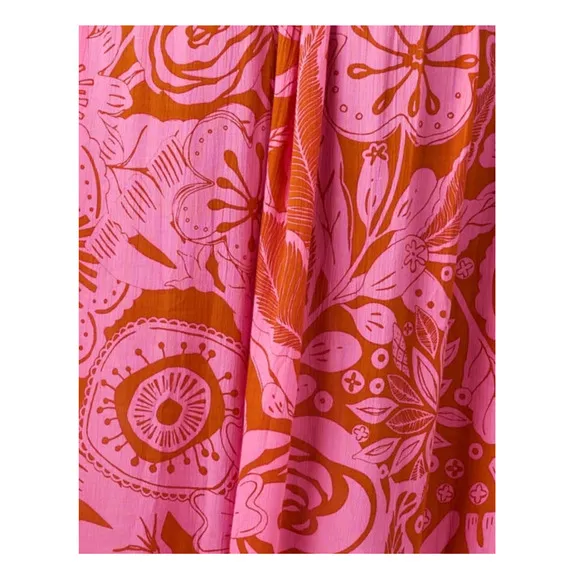 Poupette St. Barth Becky Pink Floral Midi Button V-Neck Smocked Vacation Dress