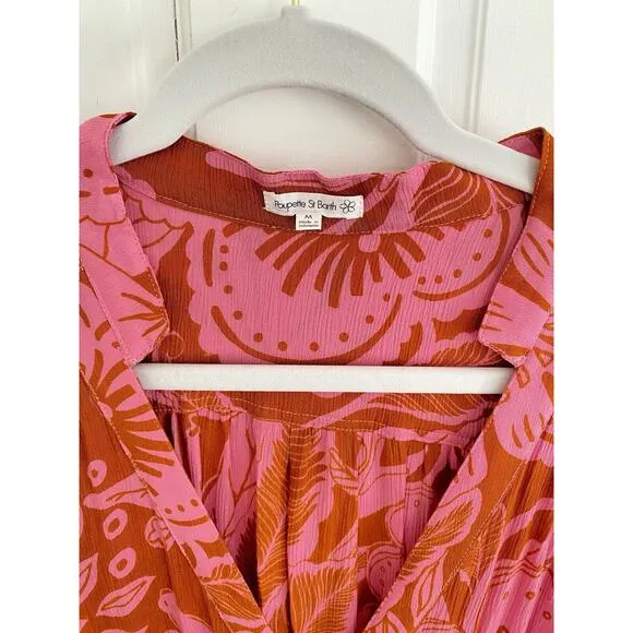Poupette St. Barth Becky Pink Floral Midi Button V-Neck Smocked Vacation Dress