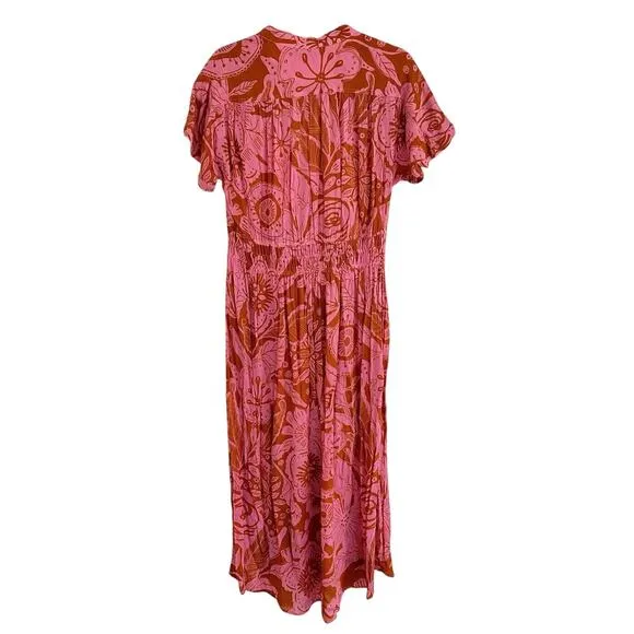 Poupette St. Barth Becky Pink Floral Midi Button V-Neck Smocked Vacation Dress