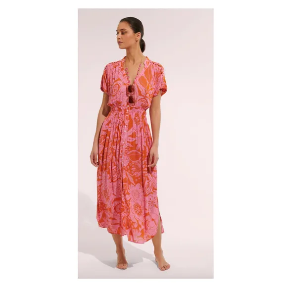 Poupette St. Barth Becky Pink Floral Midi Button V-Neck Smocked Vacation Dress