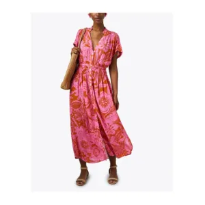 Poupette St. Barth Becky Pink Floral Midi Button V-Neck Smocked Vacation Dress