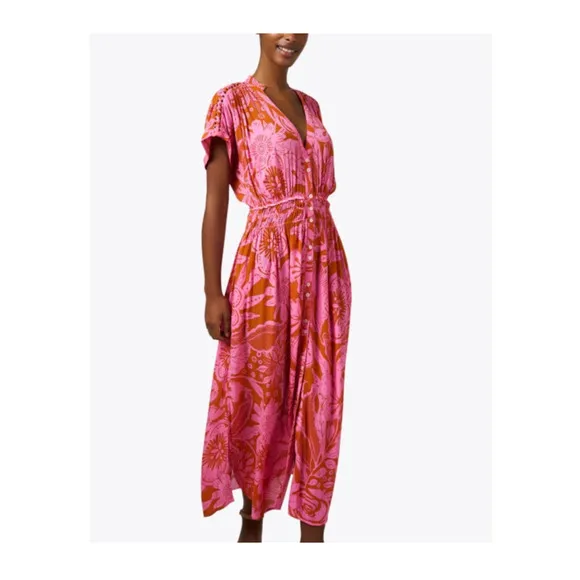 Poupette St. Barth Becky Pink Floral Midi Button V-Neck Smocked Vacation Dress