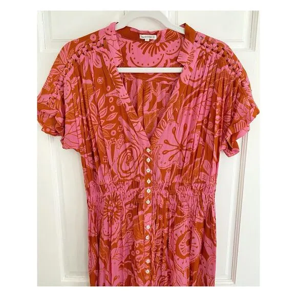 Poupette St. Barth Becky Pink Floral Midi Button V-Neck Smocked Vacation Dress