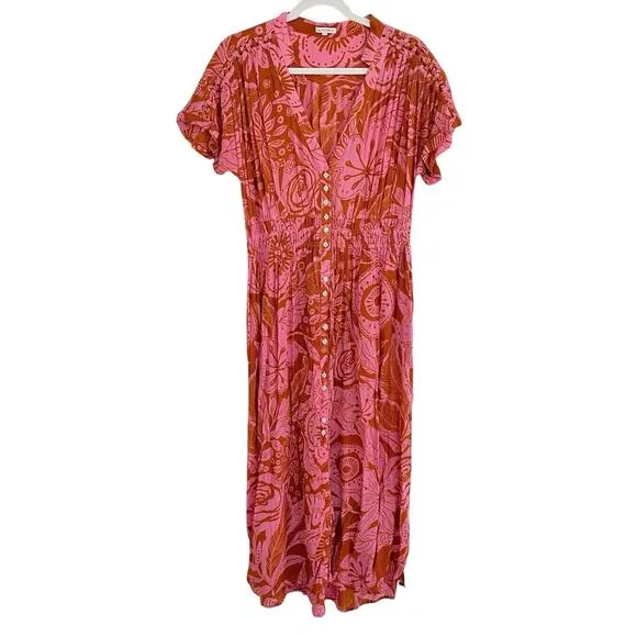 Poupette St. Barth Becky Pink Floral Midi Button V-Neck Smocked Vacation Dress