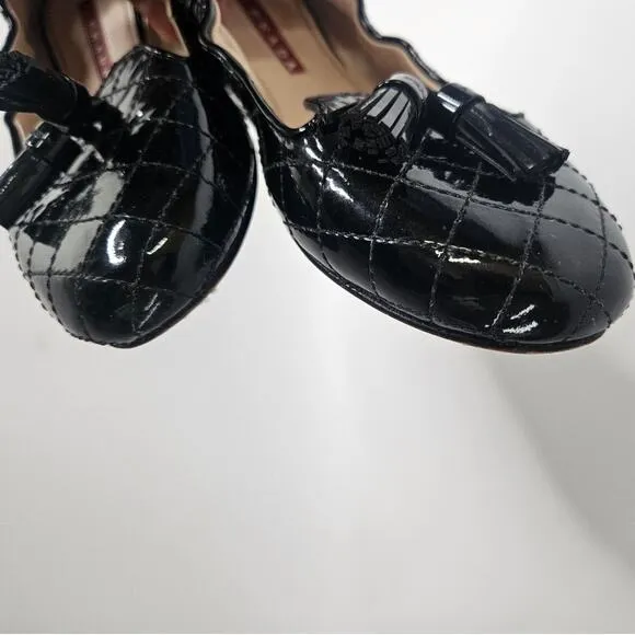 Prada Black Patent Leather Bow Scrunch Ballerina Ballet Flats 35