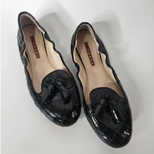 Prada Black Patent Leather Bow Scrunch Ballerina Ballet Flats 35