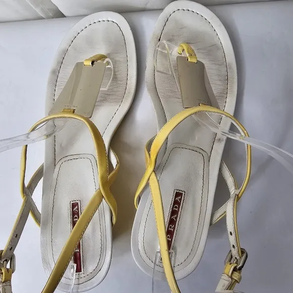 Prada Calzature Donna Patent Yellow and White Mirror Sandals Size 37.5