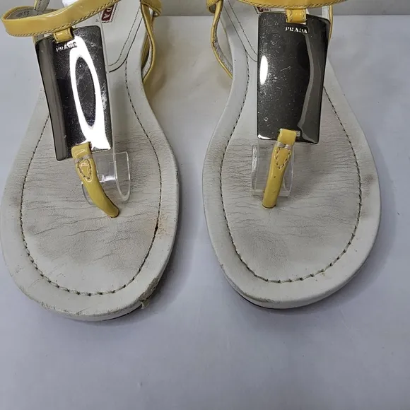 Prada Calzature Donna Patent Yellow and White Mirror Sandals Size 37.5