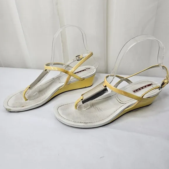 Prada Calzature Donna Patent Yellow and White Mirror Sandals Size 37.5