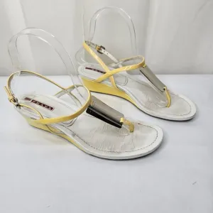 Prada Calzature Donna Patent Yellow and White Mirror Sandals Size 37.5