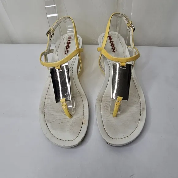 Prada Calzature Donna Patent Yellow and White Mirror Sandals Size 37.5