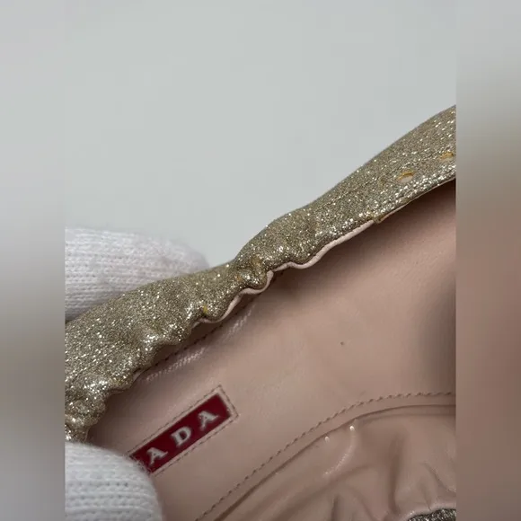PRADA Round Toe Gold Glitter Metallic Oxford Slip On Ballerina Flats Size 39 EU