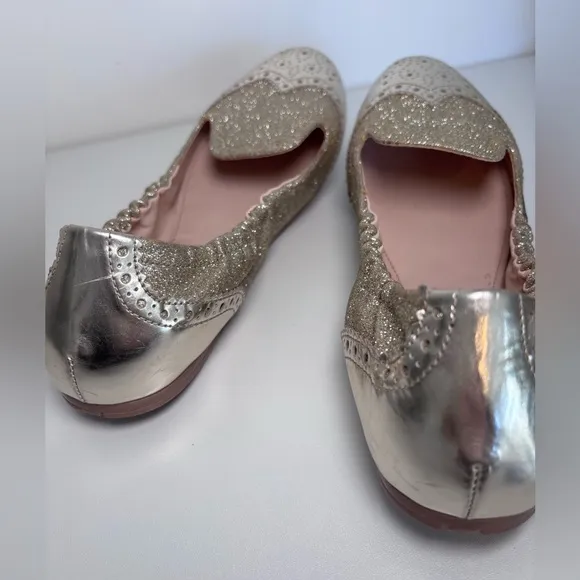 PRADA Round Toe Gold Glitter Metallic Oxford Slip On Ballerina Flats Size 39 EU