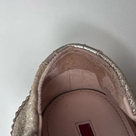 PRADA Round Toe Gold Glitter Metallic Oxford Slip On Ballerina Flats Size 39 EU