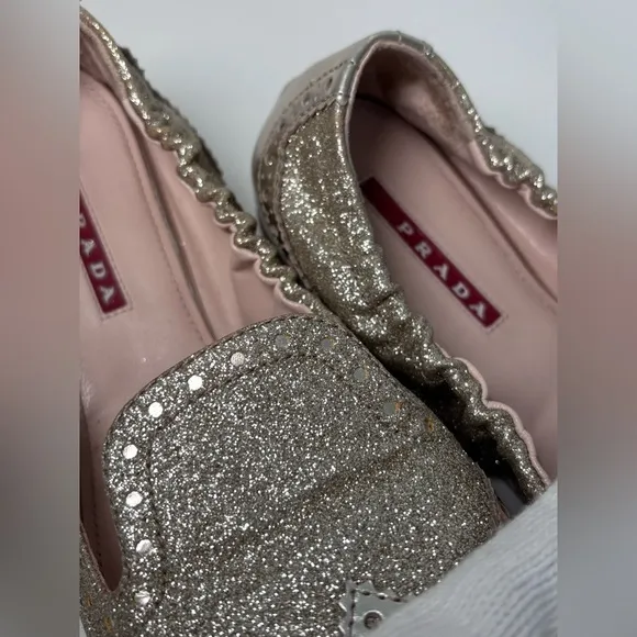 PRADA Round Toe Gold Glitter Metallic Oxford Slip On Ballerina Flats Size 39 EU