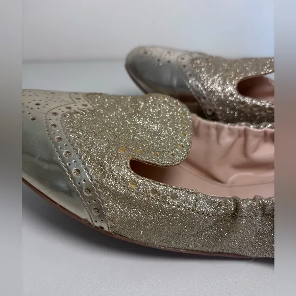 PRADA Round Toe Gold Glitter Metallic Oxford Slip On Ballerina Flats Size 39 EU