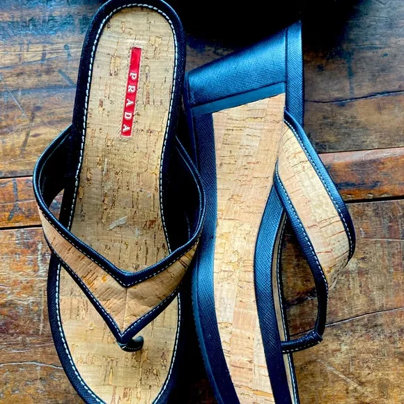 PRADA Thong Cork Wedge Sandals