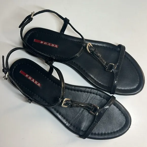 Prada Vernice Black Patent Leather T Strap Flat Sandals Women’s Size 38 US 8
