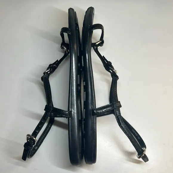 Prada Vernice Black Patent Leather T Strap Flat Sandals Women’s Size 38 US 8