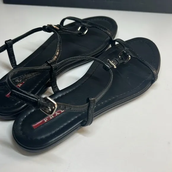 Prada Vernice Black Patent Leather T Strap Flat Sandals Women’s Size 38 US 8