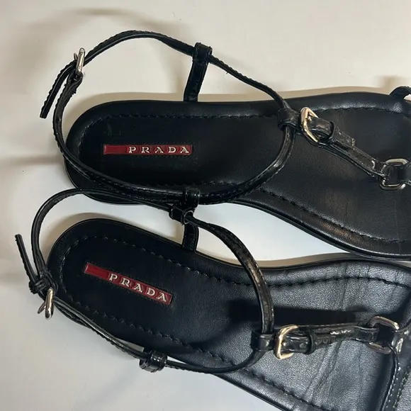 Prada Vernice Black Patent Leather T Strap Flat Sandals Women’s Size 38 US 8