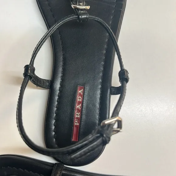 Prada Vernice Black Patent Leather T Strap Flat Sandals Women’s Size 38 US 8