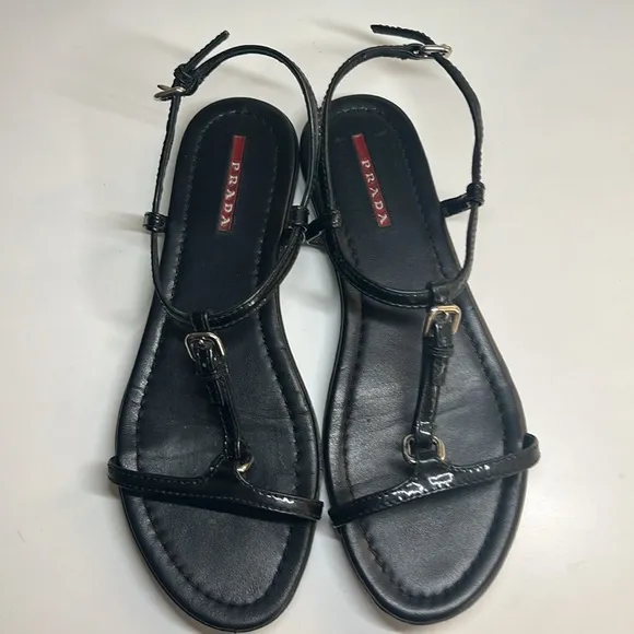Prada Vernice Black Patent Leather T Strap Flat Sandals Women’s Size 38 US 8