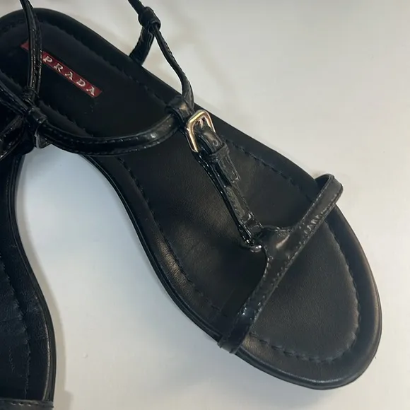 Prada Vernice Black Patent Leather T Strap Flat Sandals Women’s Size 38 US 8