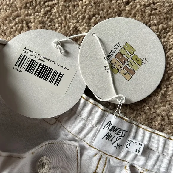 Princess Polly Utility Cargo Recycled Cotton Blend Denim White Jeans NWT Size 6