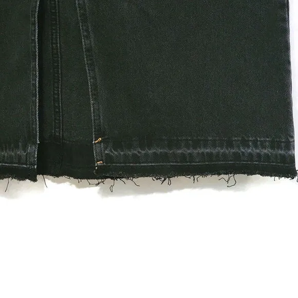Pull &amp; Bear Black Front Middle Slit Raw Hem Long Midi Denim Skirt Size L