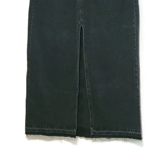 Pull &amp; Bear Black Front Middle Slit Raw Hem Long Midi Denim Skirt Size L