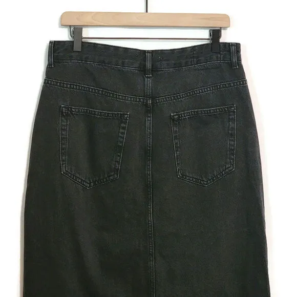 Pull &amp; Bear Black Front Middle Slit Raw Hem Long Midi Denim Skirt Size L