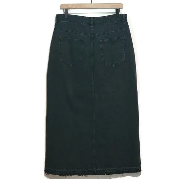 Pull &amp; Bear Black Front Middle Slit Raw Hem Long Midi Denim Skirt Size L