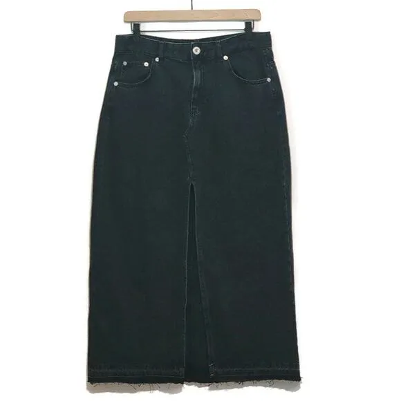 Pull &amp; Bear Black Front Middle Slit Raw Hem Long Midi Denim Skirt Size L
