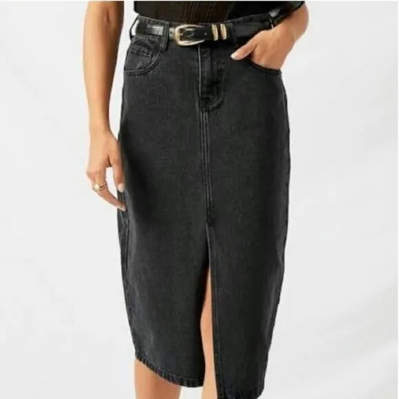 Pull &amp; Bear Black Front Middle Slit Raw Hem Long Midi Denim Skirt Size L