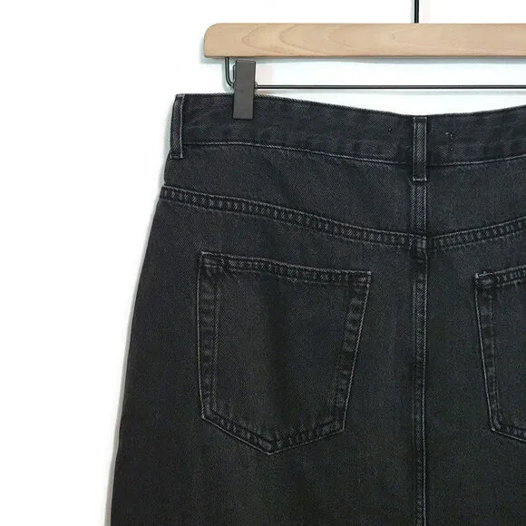 Pull &amp; Bear Black Front Middle Slit Raw Hem Long Midi Denim Skirt Size L